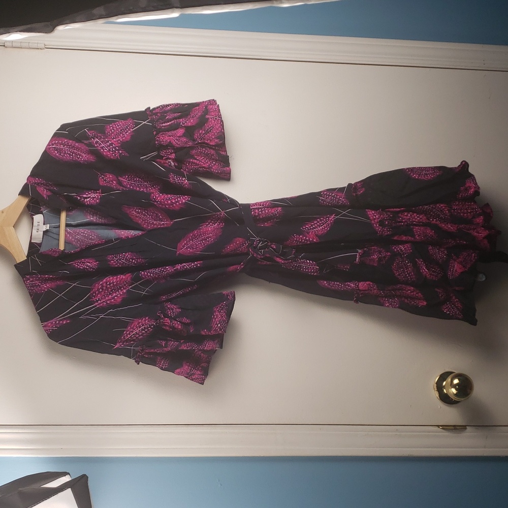 Reiss Black Dress with Pink Leaf Print Midi - Picture 13 of 16